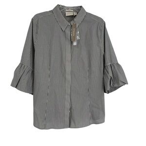 Chico's No-iron Button Up NWT Cotton Top Size 3 (XL) Black Stripe Ruffle Sleeve